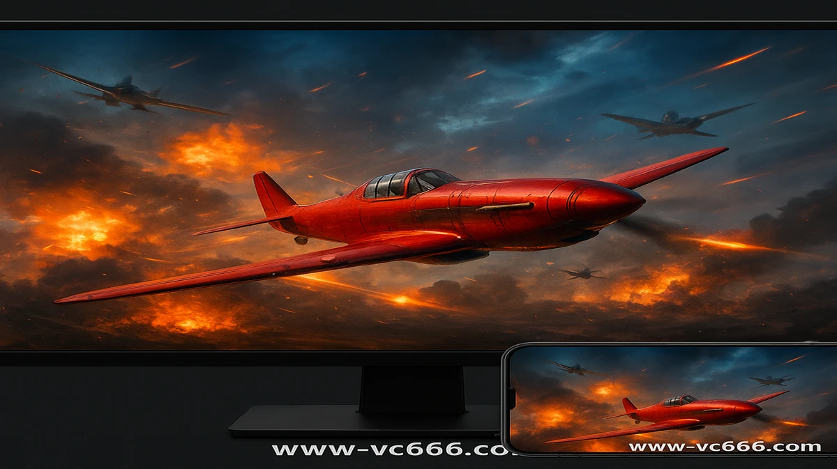 vc666-এ অ্যাভিয়েটর গেমের প্রচারমূলক ছবি, যেখানে একটি লাল প্রপেলার বিমান বিস্ফোরিত ভূদৃশ্যের ওপর দিয়ে উড়ছে, ডানদিকে মোবাইল গেম ইন্টারফেসটি দেখা যাচ্ছে।