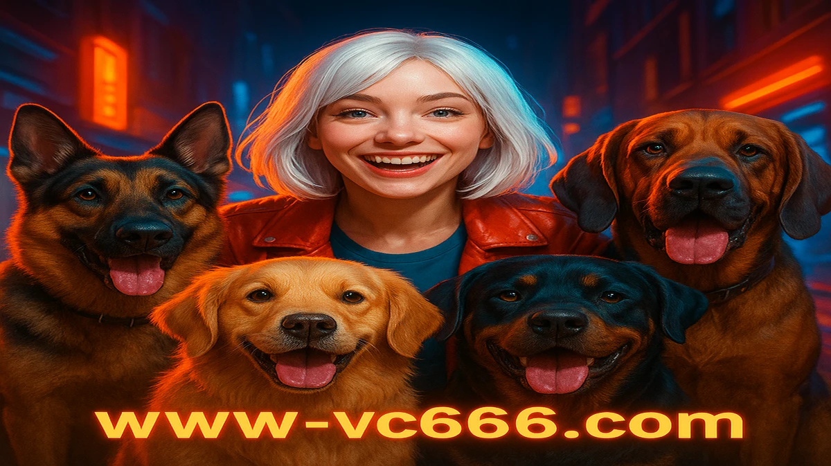 vc666-এ The House Megaway শিরোনামের গেমটির প্রচারণামূলক চিত্র, যেখানে রাতের শহরে সাদা চুলের এক নারীকে ঘিরে রয়েছে কয়েকটি বড় ও কঠোর দৃষ্টির কুকুর।