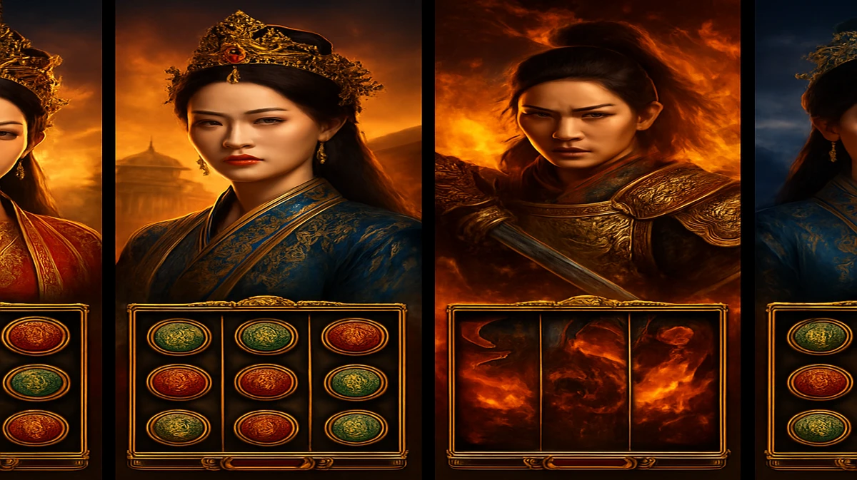 vc666-র এশীয়-থিমযুক্ত আর্কেড গেমগুলোর একটি মেলবন্ধন; সুন্দর সম্রাজ्ञীরা ঐতিহ্যবাহী পোশাকে প্রাচীন মন্দির ও জ্বলন্ত আলোর পটভূমিতে দৃশ্যমান।