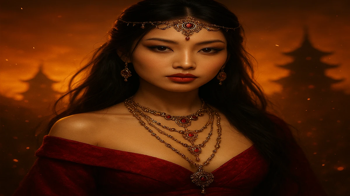 শান্ত মন্দিরের সামনে দাঁড়িয়ে আছে একজন অবিশ্বাস্য সুন্দর এশীয় নারী, ঐতিহ্যবাহী পোশাক ও জটিল গহনা পরা; সামনে vc666-র গেম-চক্রটি স্পষ্টভাবে দেখা যাচ্ছে।