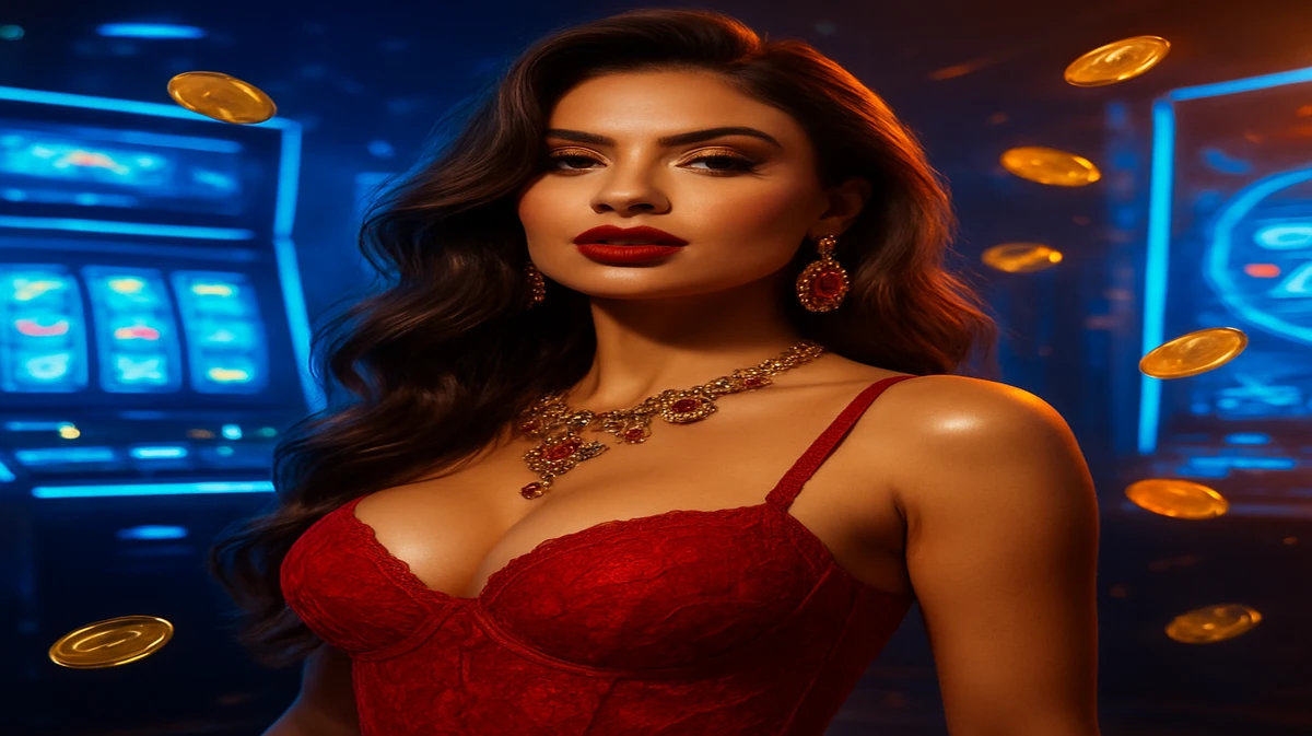 vc666 গেমিং প্ল্যাটফর্মের ফ্লোরের উজ্জ্বল ও জ্বলন্ত আলোগুলোর মাঝখানে দাঁড়িয়ে আছে এক অপূর্ব নারী, তার তরঙ্গিত চুল ও ঝলমলে কানের দুল আলোর প্রখরতা ছড়াচ্ছে; চারদিকে আর্কেড গেমগুলোর আলো তাকে ঘিরে রেখেছে।