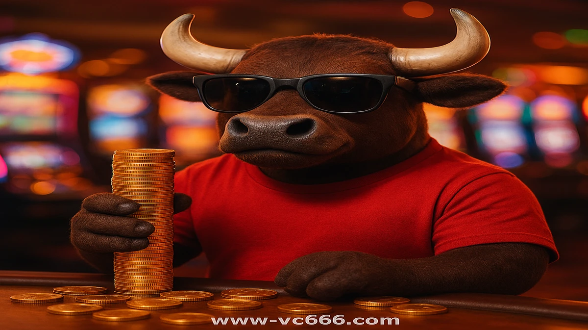 vc666-র Fortune Ox গেমটির শক্তিশালী মুখ্য চরিত্র, সানগ্লাস পরা এক শীতল বুল, স্বর্ণ মুদ্রার স্তূপগুলো ধরে একটি জাগ্রত গেমিং প্ল্যাটফর্ম সেটিংয়ে অবস্থান করছে।